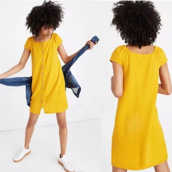 NWT Madewell Texture Thread Yellow Mini Dress Button Down Size XXS New With Tags - Picture 1 of 10